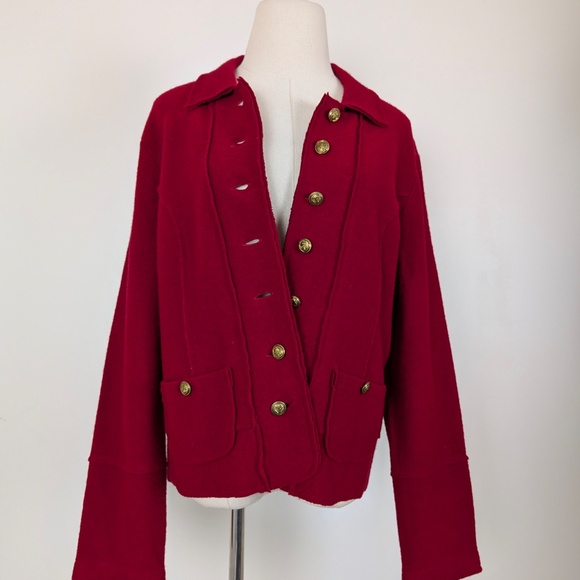90s Boiled Wool Cardigan Jacket Cherry Red Long Sleeve Collar Button Up - Picture 8 of 11